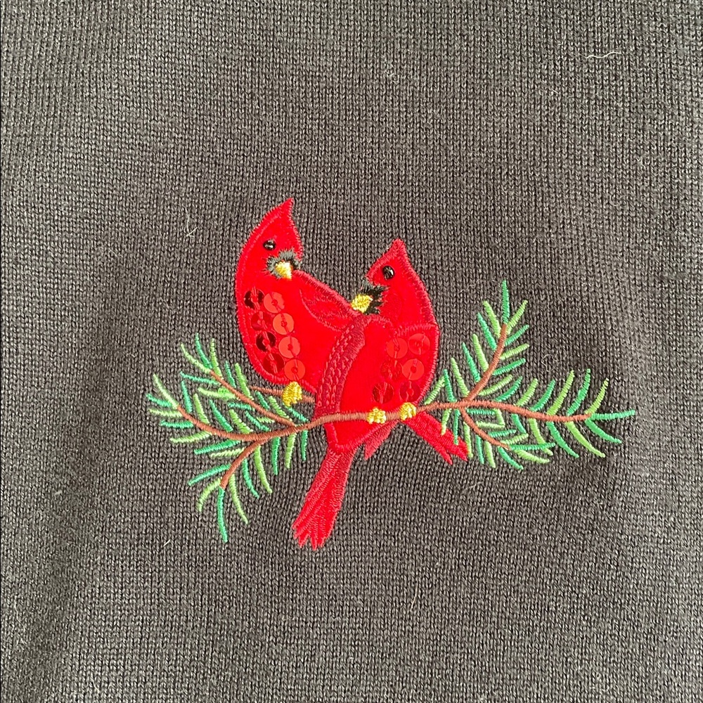 Croft & Barrow Black Jersey Knit Cardigan XL Red Velvet Embroidered Cardinals - Picture 2 of 11